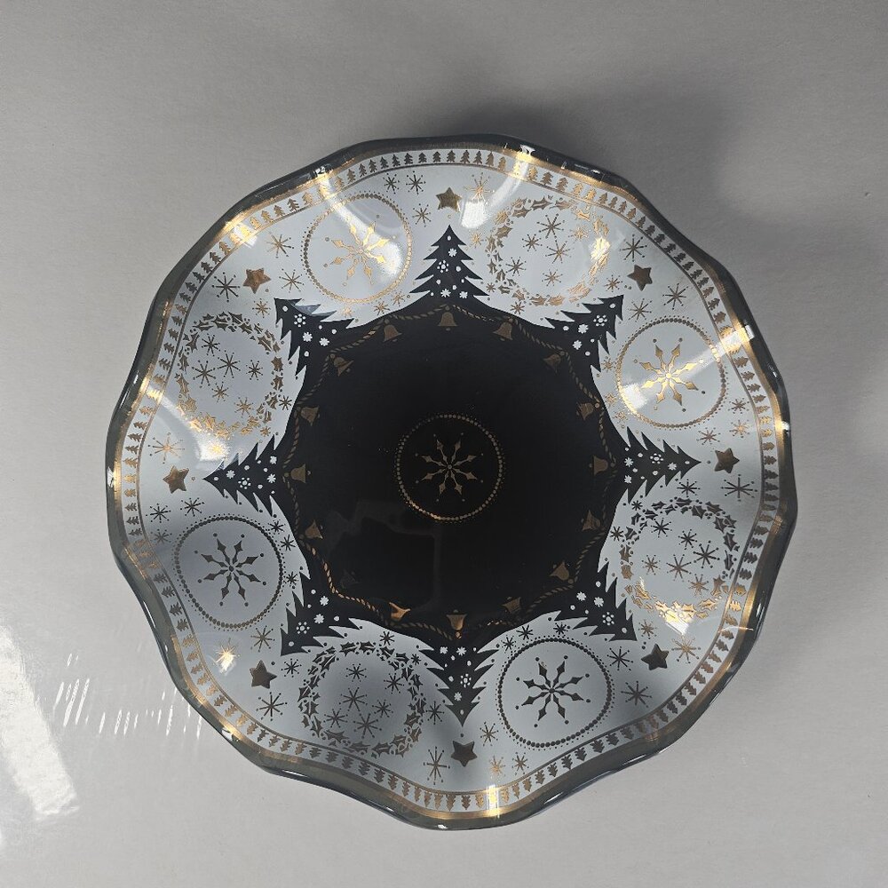 Houze Art Christmas Smokey Glass White And Gold MCM Ruffled Christmas Trees Dish